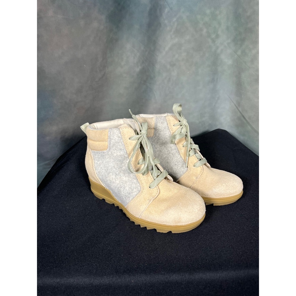 Sorel Evie Sport Lace Wedge Boots Suede Felt Sea Salt NL4926-209 Womens 6.5